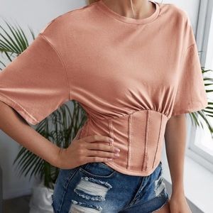 Coral pink drop shoulder half sleeve round neck shirred top Sz L